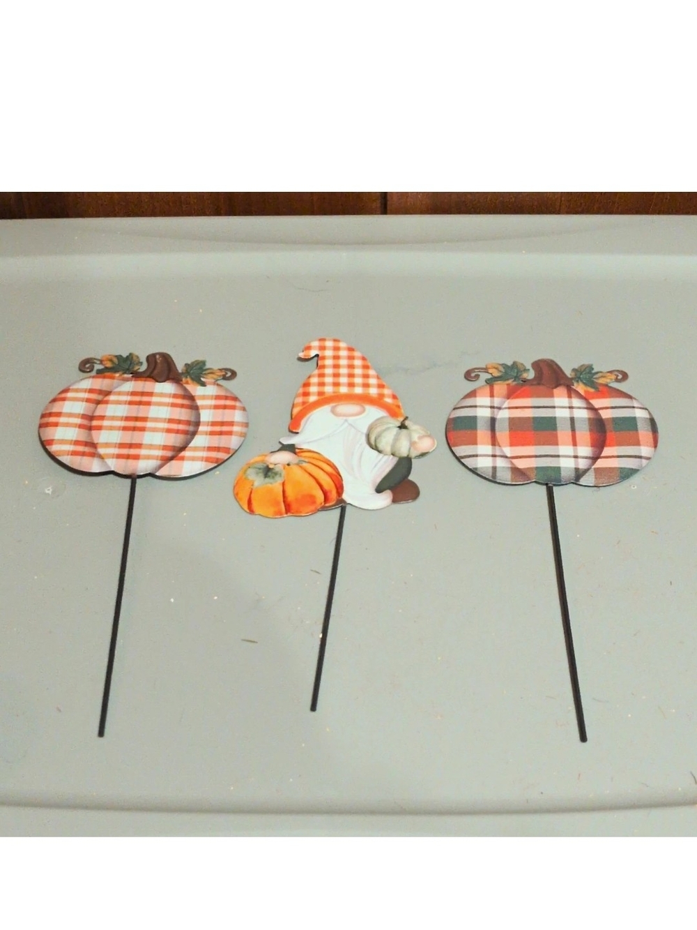 Autumn Plaid Pumpkin and Gnome Garden Stakes - Orange Plaid Fall Decor